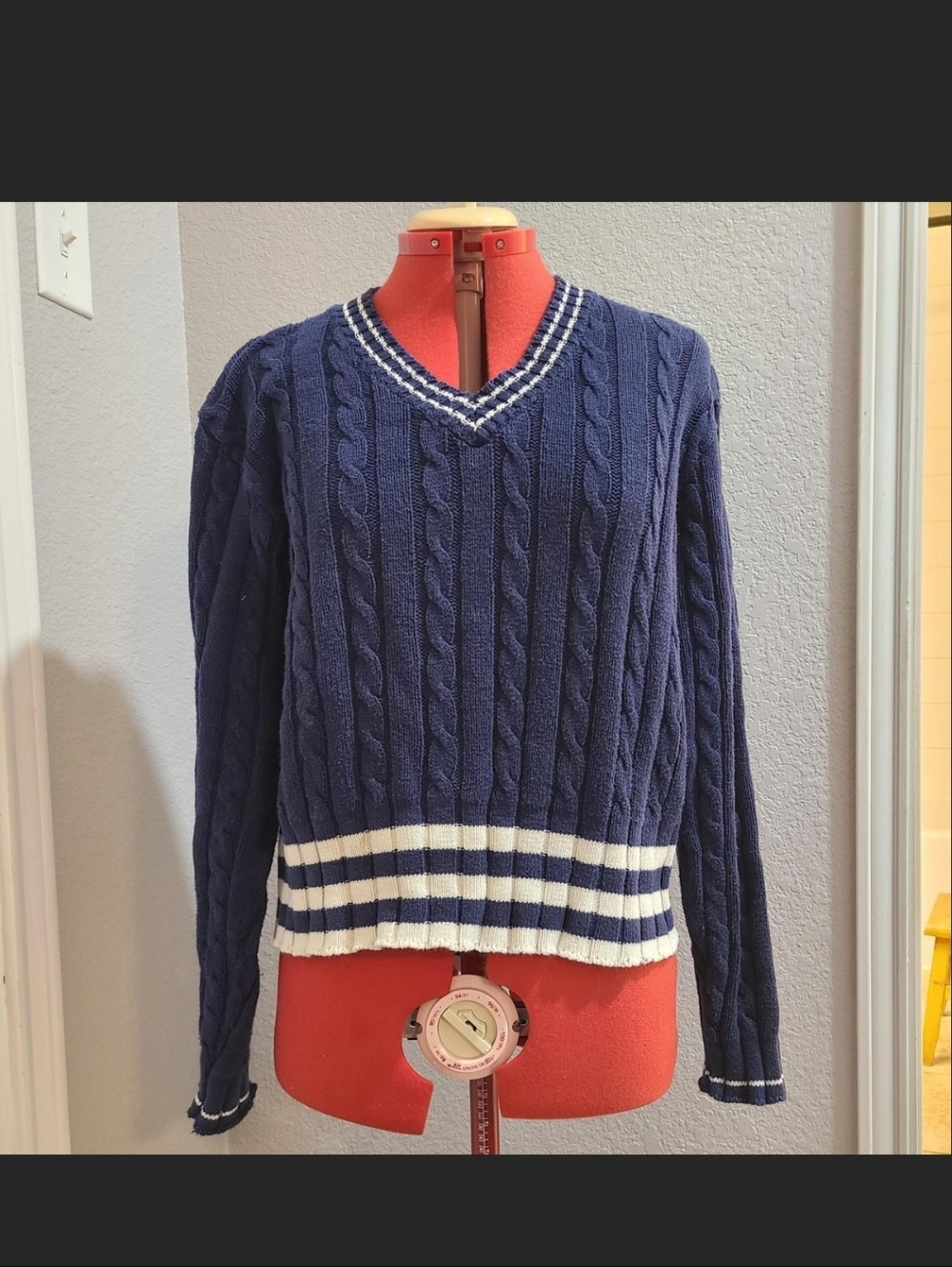 VTG Brooks Brothers Navy And White Striped Cable Knit Tennis Sweater Size M